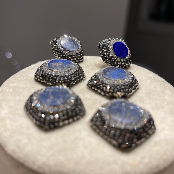 .925 STERLING DROP EARRINGS GENUINE NATURAL KALSEDON GEMSTONE SWAROFSKI CRYSTALS - Picture 2 of 3